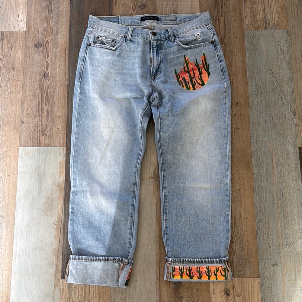 Aeropostale Straight Jeans with hand-painted Cactus Sunset Design